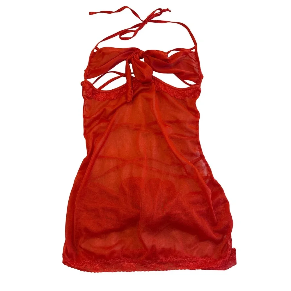 Womens‎ Red Sheer Mesh Open Bust Halter Babydoll Lingerie Dress, Size Medium